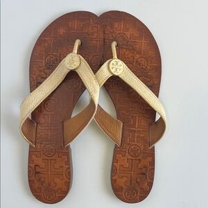 Tory Burch Tan and Cream Flip Flops